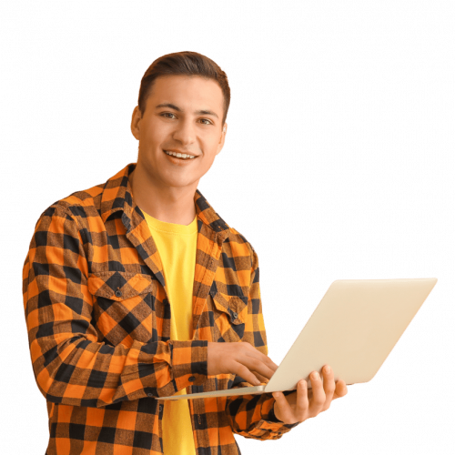 Young Man with Laptop on Orange Background